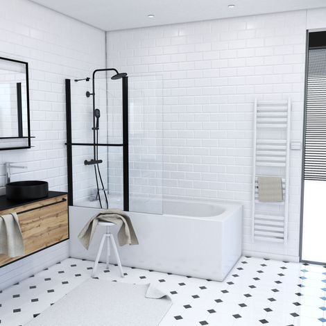 pare baignoire avec volet pivotant 130x105cm profile aluminium noir mat et verre transparent (1/5)