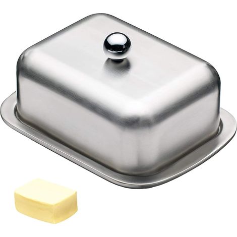 Mantequera de acero inoxidable con tapa, ideal para usar en comedores familiares, para servir mantequilla y postres (18,5 x 12,2 x 6,8 cm). (1/5)