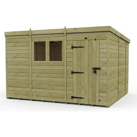 11ft x 10ft Pent Garden Shed Single Door With Windows - Pressure Treated Timber - L335 x W305 x H210 cm - Natural