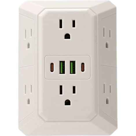 Multiprise parafoudre avec 6 prises, 2 ports USB et 2 ports USB-C, adaptateur mural pour la maison ou une résidence étudiante (blanc). (1/5)