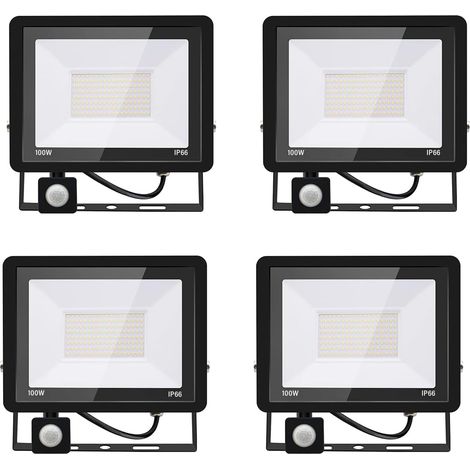 4PACK - Projecteur LED 100W Avec Détecteur de Mouvement, Blanc Froid (6000K) 10000LM, Extérieur IP66 Imperméable, Pour Sécurité, Garage, Couloir