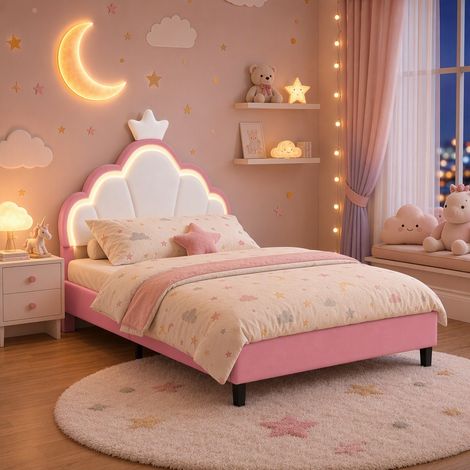 Lit fille 90x200cm avec LED réglable, Lit enfant simple avec sommier à lattes, Tête de lit rembourré en couronne, Lit en velours, Rose (1/5)