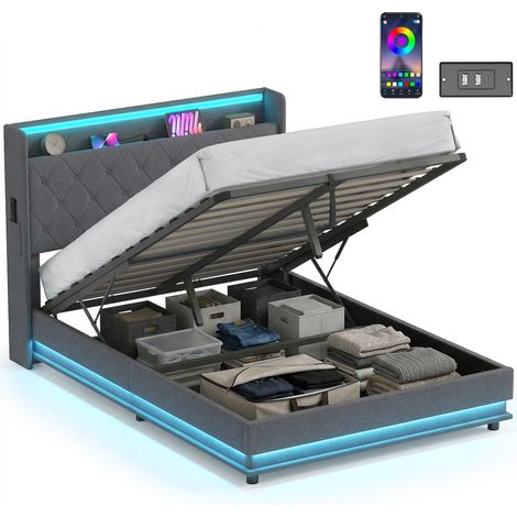 HOMCOM Lift up Storage Bed Frame with RGB LED Lights, 135 x 190cm, Dark Grey (1/5)