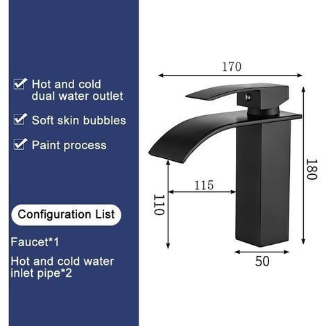 Waschtischarmatur mit zwei Zulaufrohren, Warm- und Kaltwasseranschluss, modernes Wasserfall-Design, robustes Ventilgehäuse aus schwarzem Kupfer (1/4)