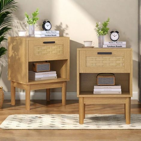 Nachttisch - Set von 2 - 1 Schublade - Offenes Fach - Retro-Rattan-Stil