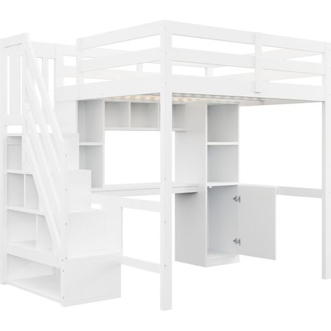 Cama alta 140 x 200 cm blanca con escalera de almacenaje, escritorio, estantes, LED y enchufes EU (1/5)