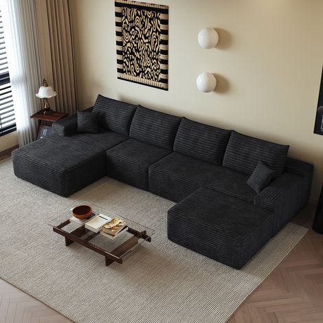 Canapé d'angle en U 340cm,canapé modulaire en velours côtelé,avec chaiselongue,1 repose-pieds,canapé 5 place compression,assise profonde,noir