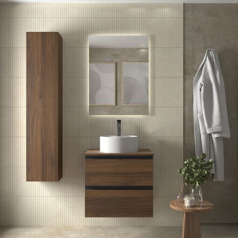 Meuble de salle de bain BEQUIA METAL 70cm Noyer  Avec plan toilette (vasque non incluse) (1/5)