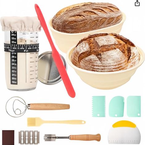 Panier de Fermentation Pliable en Silicone, Bol à Pain Résistant à la Chaleur, Outil de Boulangerie, Kit Complet Lot de 14 Pièces Prêt à l'Emploi