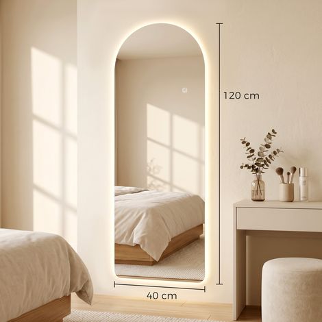 Miroir mural arqué avec éclairage LED réglable et commandes tactiles, en verre trempé, 40 x 3 x 120 cm (1/5)