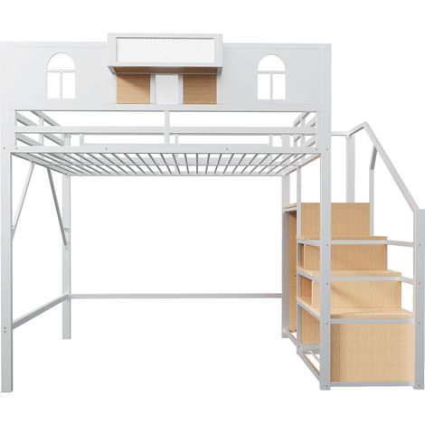 Cama alta de metal 140 x 200 cm blanca con escalera con almacenaje y estante (1/5)