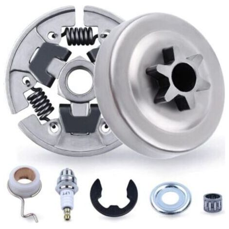 Kit pignon et embrayage 3/8" pour STIHL 017 018 MS170 MS180 021 023 025 MS210 MS230 MS250, pignon + tambour d'embrayage + roulement + rondelle + pince E + bougie d'allumage 7 en 1 (1/5)