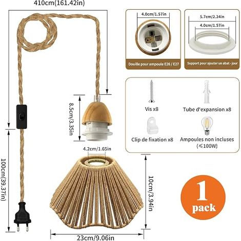 Lustre Corde de Chanvre Câble 5.1M, Douille E27 avec Interrupteur, Lustre Corde avec Prise, Lampe Suspendue avec Abat-jour, Cable Suspension Luminaire Intérieur pour Chambre à Coucher,Salon (1/4)