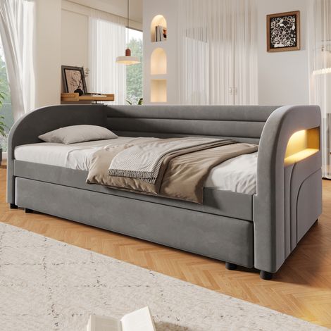 Lit Gigogne Enfant 90x200 cm Gris, Lit Banquette avec Couchage d’Appoint, LED Latérale, Revêtement Flanelle, Matelas Non Inclus (1/5)