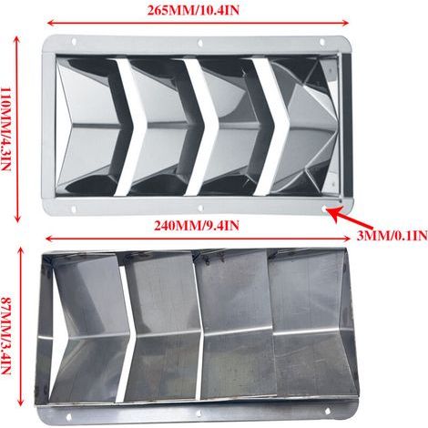 Panneau de ventilation rectangulaire à quatre panneaux en acier inoxydable de haute qualité avec persiennes et ailettes de dissipation de chaleur ailettes de ventilation latérales accessoires de qui (1/3)