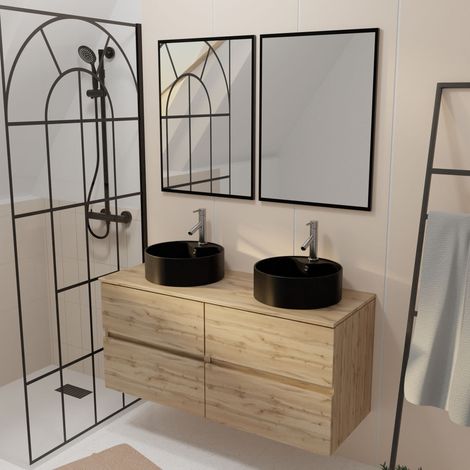 Mueble Baño 120cm 4 Cajones Roble, Lavabos Negros Ø41cm, 2 Espejos 55x75