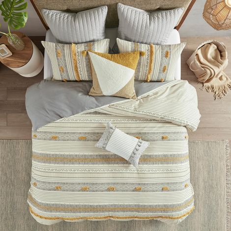 Parure de lit King Size - Décorations chics et accent pompon - Couettes Boho toutes saisons - Couette légère en coton pour lit king size - 2 taies d'oreiller - Cody, King/Cal King gris/jaune 3 (1/5)