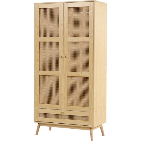 Armario ropero de 2 puertas con barra, efecto ratán natural, 90 x 45 x 183 cm (1/5)