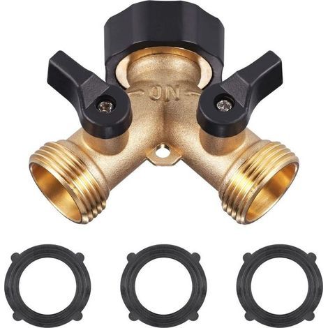 Robinet Double Machine a Laver, Répartiteur Raccord Robinet Tuyau d'Arrosage en Y 2 Voies pour Tuyaux d'Alimentation 3/4, Robinet Double Sortie pour Robinet Jardin,Adaptateur Robinet ,3 x anneaux d'ét (1/4)