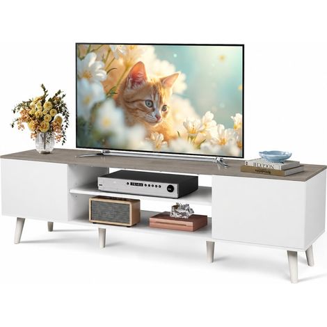 Meuble TV 160 cm pour écran jusqu'à 70 pouces, 2 portes, blanc (1/5)