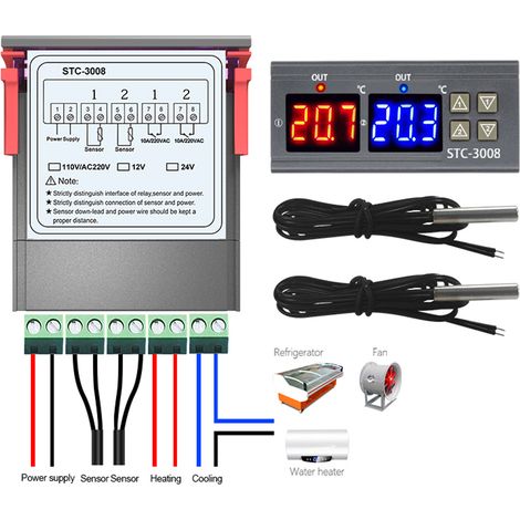 Contrôleur de température électronique intelligent à double commande et affichage numérique STC-3008, double température réglable, interrupteur 24 V