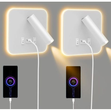 Lot de 2 appliques murales LED d'intérieur, lampe de lecture avec interrupteur, rotation à 360°, lampe de chevet 3000K, projecteur réglable (1/5)