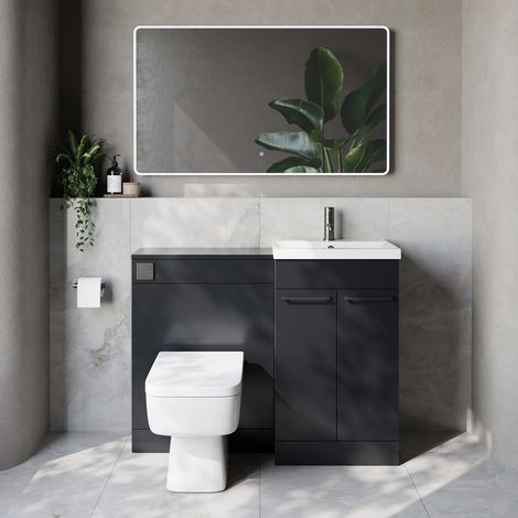 Napoli 390 Cento Gloss Grey 1100mm 2 Door Vanity Unit Toilet Suite with Glide Basin - 1100mm - Gunmetal Grey 160mm HandleWith Kingston Toilet Pan and Seat