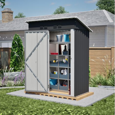 Casetta da giardino compatta 152,2x83,6x182 cm, porta in metallo con serratura, senza finestra, acciaio nero (1/5)