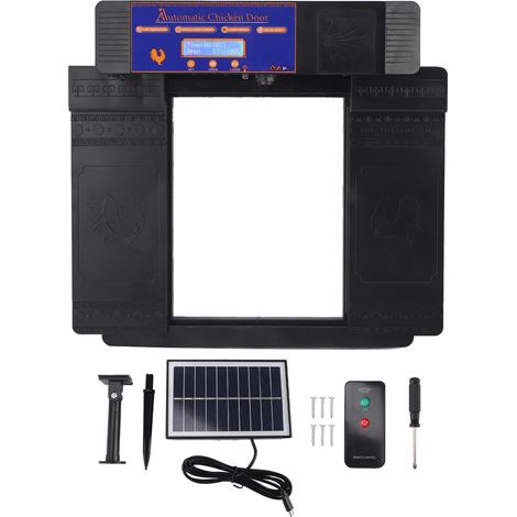 Porte de poulailler automatique solaire professionnelle infrarouge anti-pincement, plusieurs modes, minuterie, capteur de lumière et télécommande, noir (1/5)