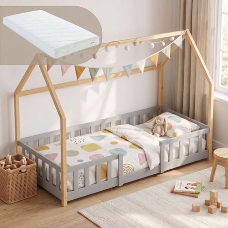 Hausbett Sisimiut mit Matratze und Rausfallschutz 90x200 cm Hellgrau/Natur [en.casa] (1/5)