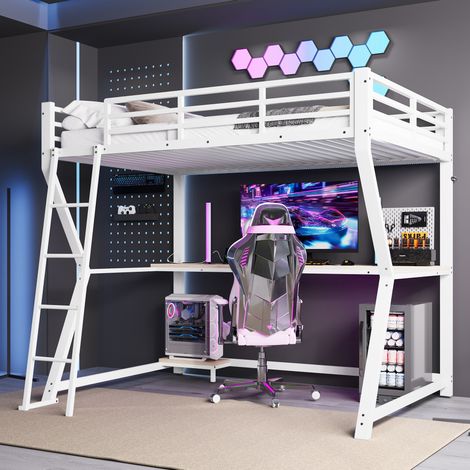 Cama alta con escritorio LED y carga USB blanca OKMYHOME (1/5)