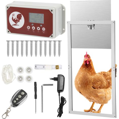 Randaco Puerta automática para gallinero con sensor de luz, mando a distancia,pantalla LCD y temporizador,pilas y adaptador,aluminio,IP44 impermeable,30x30cm