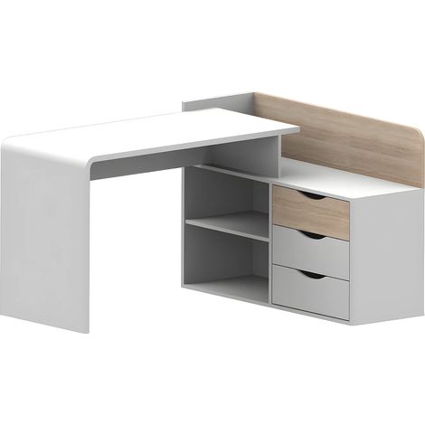 Vente-Unique – Bureau d'angle DECLAN II – MDF – 3 tiroirs – 2 niches – Longueur 148.4 cm – Hauteur 79.5 cm – Coloris blanc et chêne
