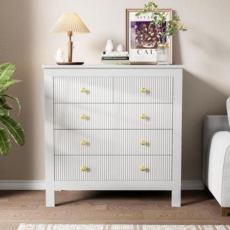 Commode - KOMHTOM - 79x39.5x80.5 cm - 5 tiroirs - Blanc - Poignées dorées (1/5)