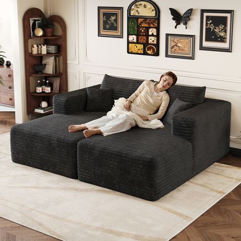 Cómodo sofá de pana de 180 x 151 cm, sofá cama moderno y minimalista con chaise longue de espuma, sofá modular sin estructura, color negro. (1/5)
