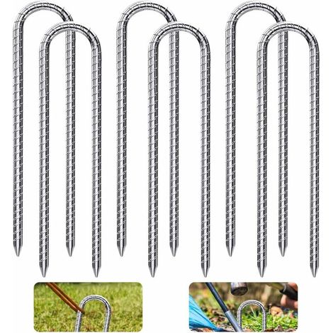 Ancrages de tente en acier galvanisé, crochets de piquet de trampoline, utilisés pour fixer les tentes, les auvents, etc., avec six piquets de sol en forme de U de 8 mm x 30 cm.