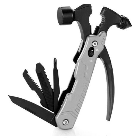 Marteau Multifonction, 14 en 1 Portable Outil Multifonction en Acier Inoxydable, Compact Multi Usage Outils avec Marteau Pince Tournevis, Cadeaux pour Hommes Papa No毛l Anniversaire (Gris) (1/5)