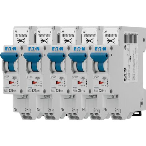 EATON Lot de 5 disjoncteurs auto 20A Ph+N, borne à ressort, 4,5kA (EN 60898) courbe C, 230V, 45kA, type C, protection fiable et compacte