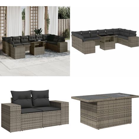 11-tlg. Garten-Sofagarnitur mit Kissen Grau Poly Rattan - Gartenmöbel Set - Esszimmergarnitur - Outdoor Möbel - Lounge Garnitur - Rattan Gartenmöbel - Home & Living (1/5)