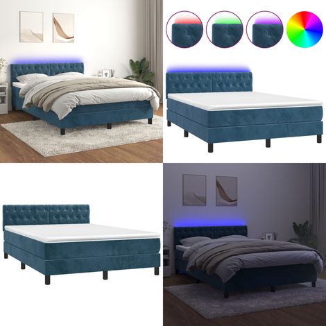 Sommier à lattes de lit avec matelas LED Bleu foncé 140x190 cm - Lit Plateforme - Lit Design - Lit Velours - Lit Avec Led - Lit Double - Home & Living (1/5)