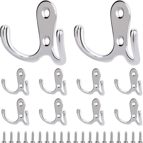 CCYKXA Vintage-Kleiderhaken mit Doppelhaken, Metall, Retro-Kleiderhaken, Wandgarderobe mit Schrauben, für Hüte, Handtücher, Badezimmer, Küche, Schlafzimmer, Silber, 10 Stück