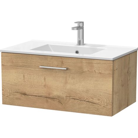 Pershall Contemporary Wall Hung 1 Drawer Vanity Unit with Minimalist Ceramic Basin, 800mm, Autumn Oak
