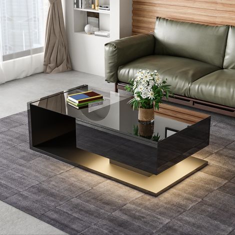 Mesa de centro de vidrio con LED, 105 x 55 x 32,5 cm, negro brillante DESVIAE (1/5)