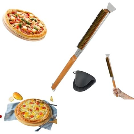 Brosse de four à pizza avec racloir, 53,3 cm de long, poils en cuivre résistants à la chaleur, outils et accessoires, pour le nettoyage de la pierre à pizza, barbecue (1/5)