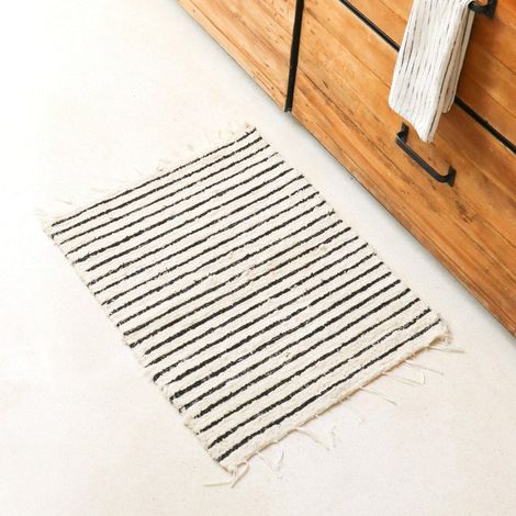 Petit Tapis en Coton à Rayures Noir et Blanc Style Bohème Descente de Lit 70x50 cm - PANGIVO (1/5)