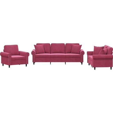 vidaXL Set di Divani 3 pz con Cuscini Rosso Vino in Velluto (1/5)