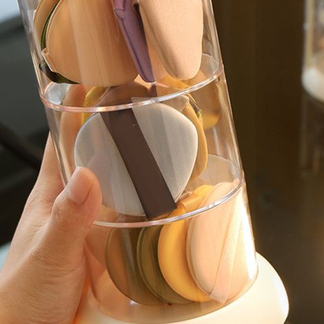 Boîte de rangement rotative à 4 niveaux pour éponges de maquillage, bijoux et accessoires, blanc transparent, résistant, facile à nettoyer (1/5)