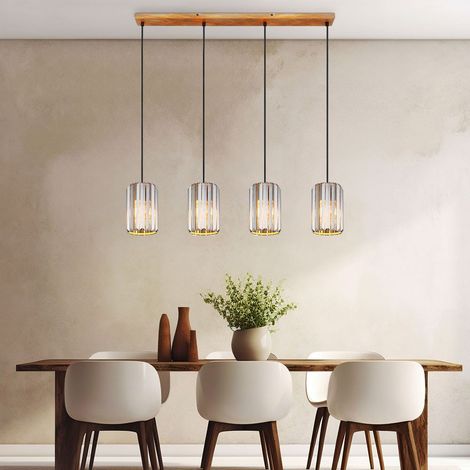 Hängelampe Kristall rauch Pendelleuchte 4-Flammig Esszimmerleuchte Holzoptik, Metall, 4x E27 Fassung, LxBxH 88x13,5x120 cm