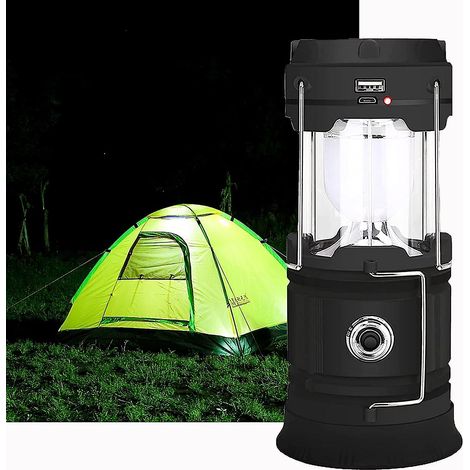 Lanterne de camping LED rechargeable solaire/USB, lampe de jardin portable et à suspendre avec conception étanche, puissante lampe torche à 360°, 2 modes (1/5)
