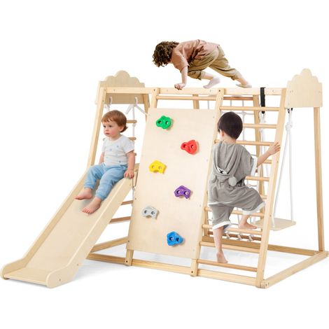 Palestra da interno 8-in-1 con scivolo rimovibile, Giocattoli da arrampicata in legno per bambini 3+ anni Naturale (1/5)